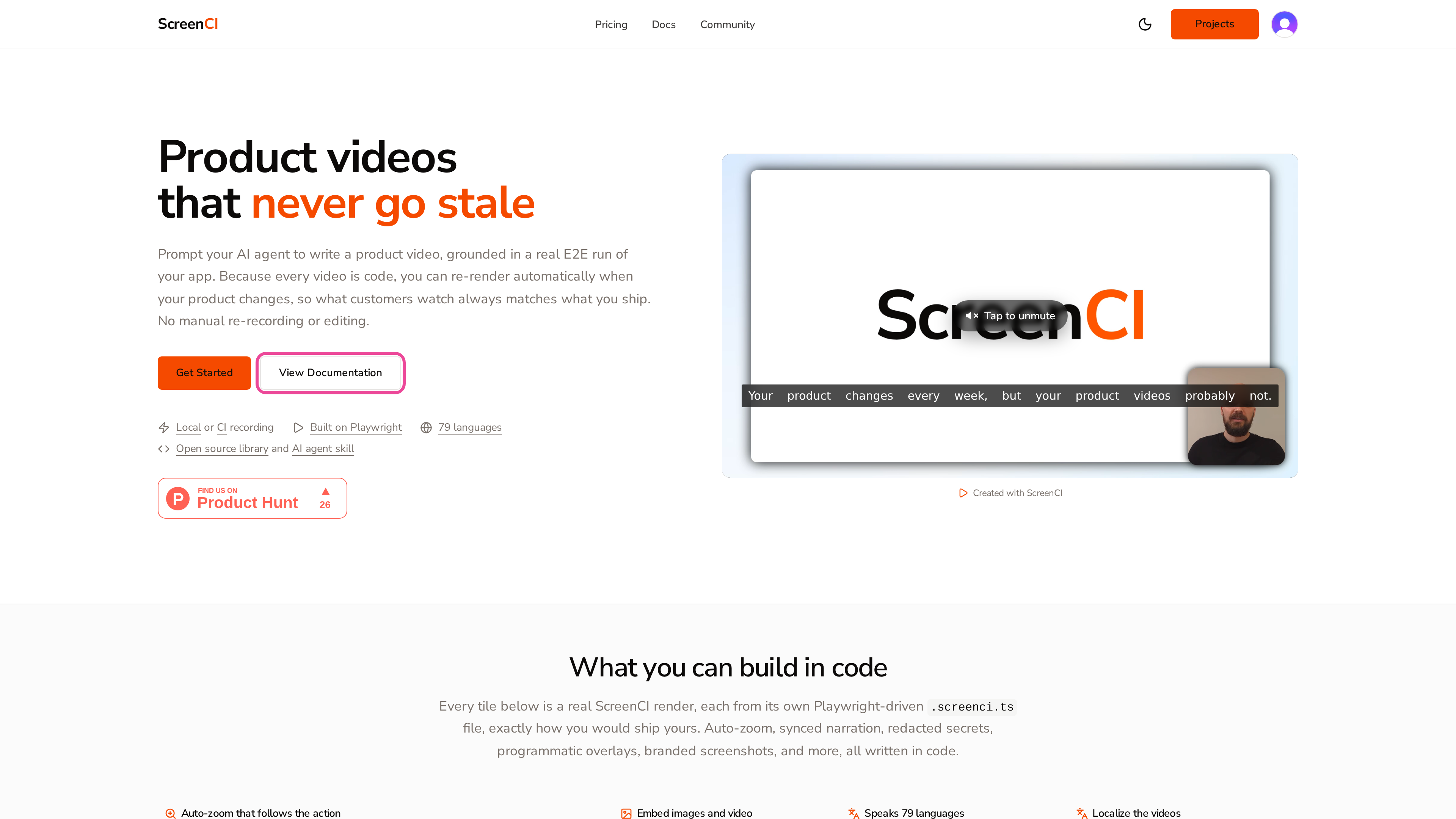 A marketing-site link highlighted by a pink ring with margin around it, framed as a branded still